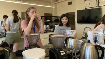 UC Davis Pre-College students taste coffee brewed in the lab