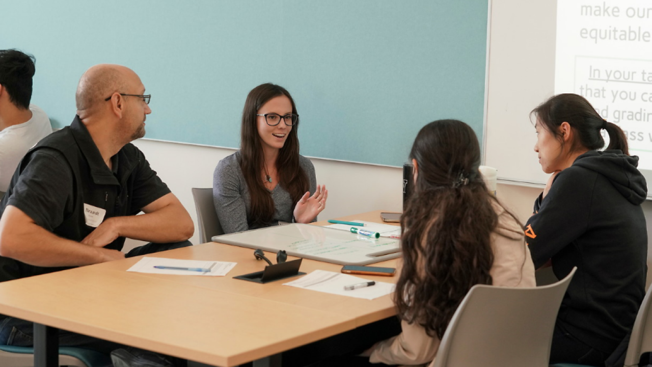 Project Management Students at a table talking