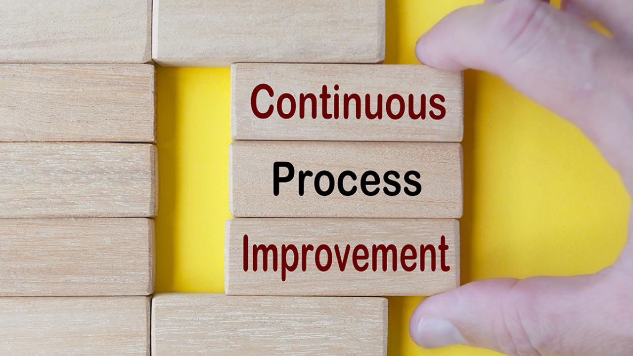 Hand pulling wooden blocks with continuous process improvement text.
