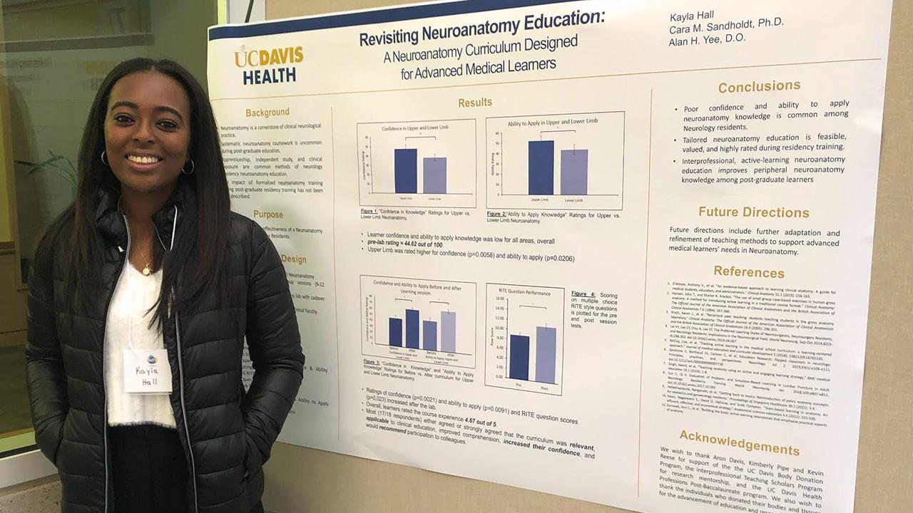 UC Davis health professions post-bac grad Kayla Hall posing next to her research project poster