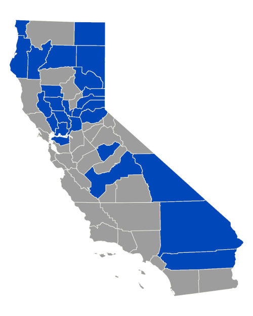Graphic map of CA with these 25 counties shaded in blue: • Colusa • Contra Costa • Del Norte • El Dorado • Fresno • Glenn • Humboldt • Inyo • Lake • Lassen • Mariposa • Modoc • Napa • Nevada • Placer • Plumas • Riverside • Sacramento • San Bernardino • Shasta • Solano • Sierra • Sutter • Trinity • Yolo