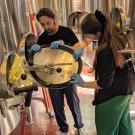 two students from the UC Davis Master Brewers Program look in a vat during a collaboration with Oak Park Brewing