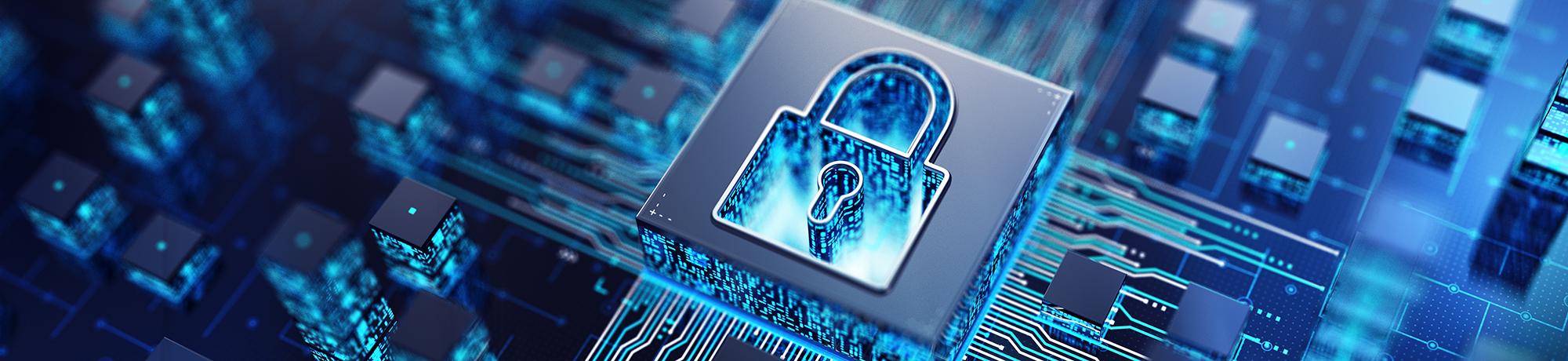 3D render of a lock on a computer network