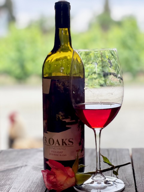 wine bottle and glass from 3 Oaks Vineyard