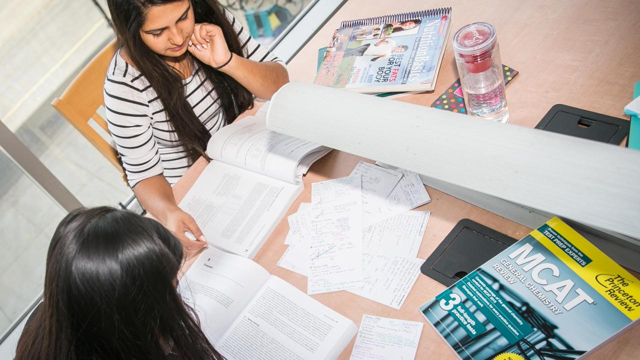 Two female students studying at a table, looking at several books and other materials