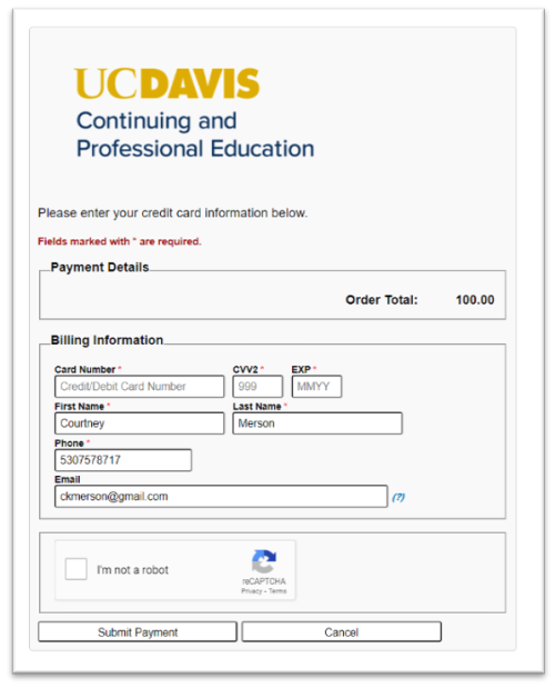 screenshot of payment screen during enrollment process