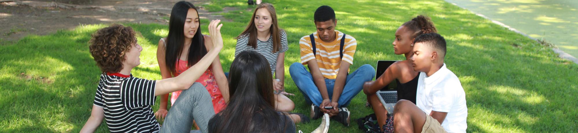 high school students sitting on grass